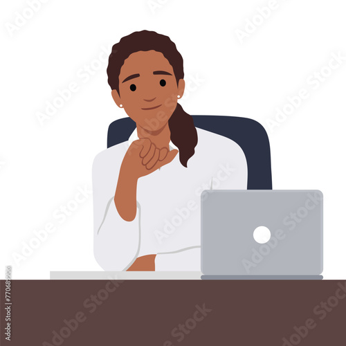 Young woman is sitting at desktop. Office employee at the workplace. Work at the laptop. Flat vector illustration isolated on white background