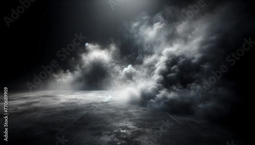 Dynamic smoke plumes in spotlight on dark concrete floor. Drama and theatrical concept. Generative AI
