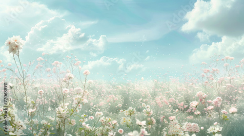 Flower field with beautiful scenery, illustration, generative ai © Armin