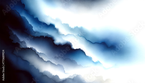 Serene blue mountain landscape, digital watercolor effect, depicting calmness and solitude. Generative AI
