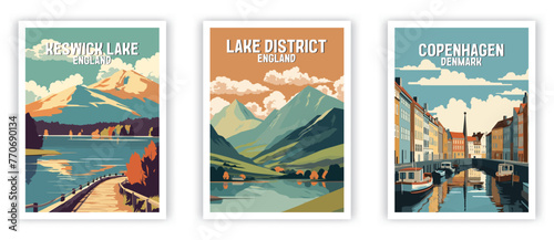 Keswick Lake, Lake District, Copenhagen Illustration Art. Travel Poster Wall Art. Minimalist Vector art