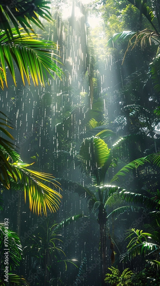 Random tropical rainstorm, vibrant colors, photorealistic, natural lighting ,ultra HD,clean sharp