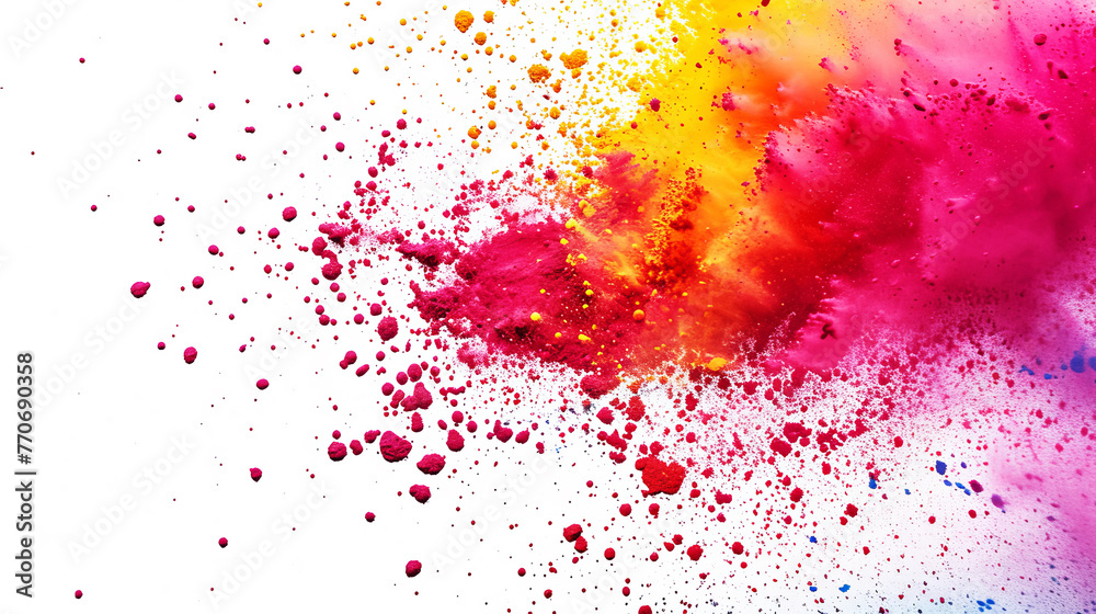 Dynamic pink and yellow powder burst on white backdrop. Creative energy concept. Generative AI