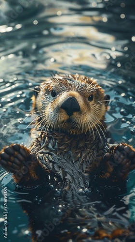 Sea otter floating, closeup, tropical sea, photorealistic, vibrant colors ,3DCG,high resulution