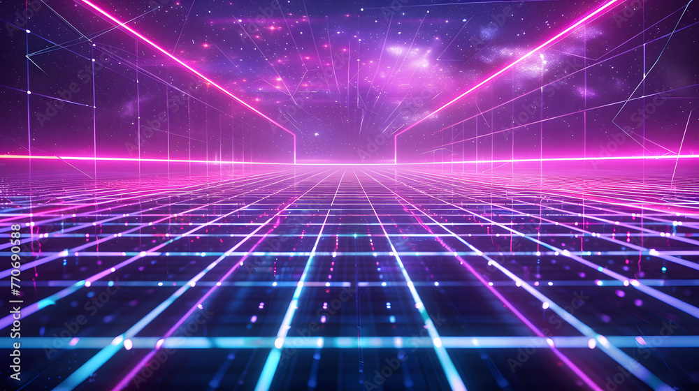 Synthwave wireframe net in retro futuristic 80s background Synthwave wireframe net in retro futuristic 80s background