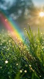 Grass drops of sparkling dew rays of the rising sun delicate rainbow shines in the blue sky.