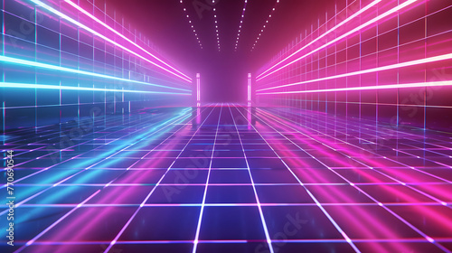 Synthwave wireframe net in retro futuristic 80s background 