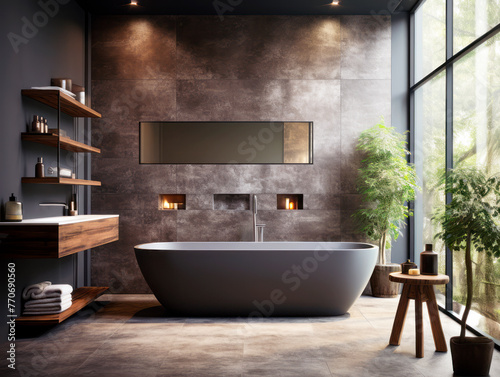 A modern and luxury bathroom interior with a freestanding bathhub near a large window overlooking greenery. Ai generative illustration