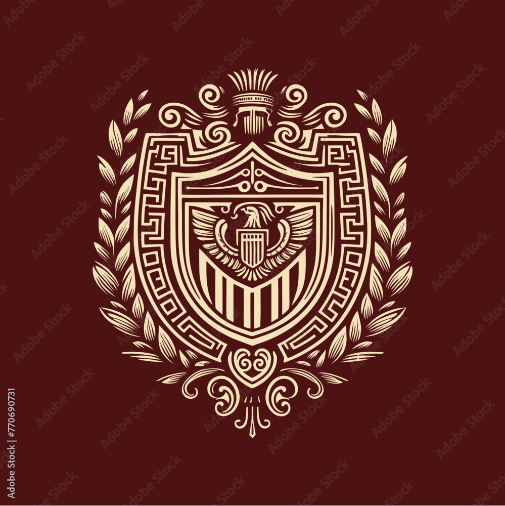 Vintage Classic Floral Shield Roman and Greek Line Drawing Style Logo Design, T-shirt and Streetwear	