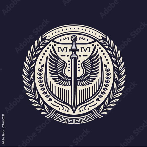 Vintage Classic Floral Shield Roman and Greek Line Drawing Style Logo Design, T-shirt and Streetwear 
