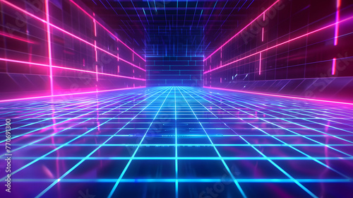 A neon-lit tunnel with a grid-patterned floor, vibrant colors, and undulating waves, evoking a futuristic and dynamic ambiance
