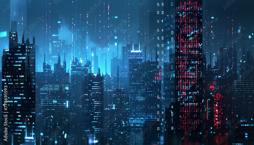 A radiant digital city skyline is ominously overshadowed by the looming threat of ransomware - portraying urban vulnerabilities wide