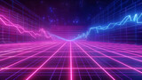 Features a vibrant cyber landscape with neon grids and glowing charts, creating a futuristic and retro aesthetic.