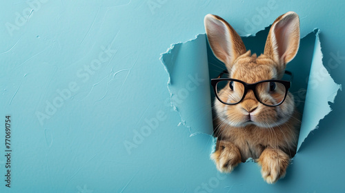 A cute bunny with glasses peeking through the hole in blue paper, copy space concept on solid background © Imran