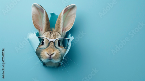 A cute bunny with glasses peeking through the hole in blue paper, copy space concept on solid background