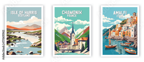 Isle of Harris, Chamonix, Amalfi Illustration Art. Travel Poster Wall Art. Minimalist Vector art