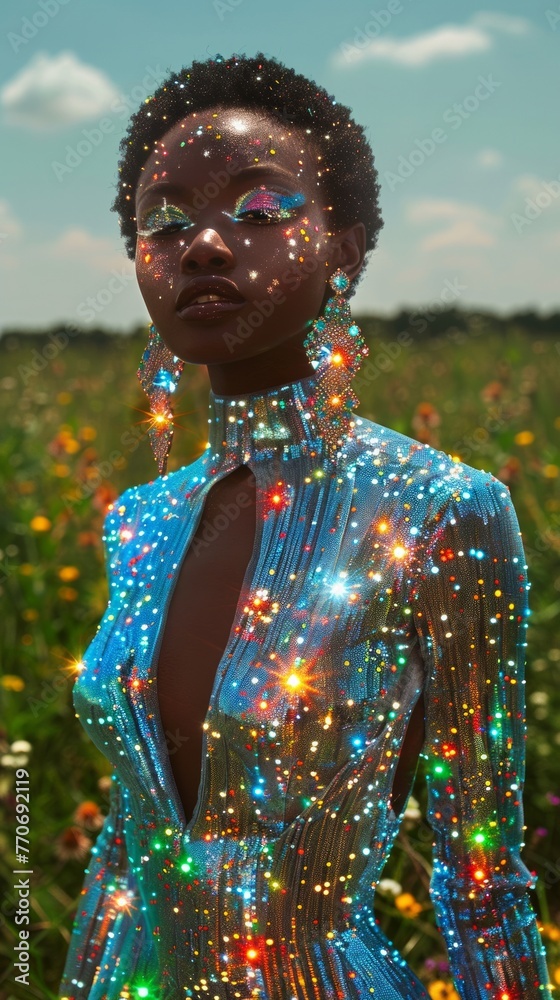Obraz premium A striking image capturing a luminescent, sparkly dress amidst a field, radiating under the sunset