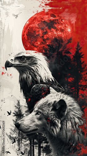 the eagle and the wolf are standing together against the moon, in the style of mystical interpretations, dark crimson and silver, nightcore, raw and powerful, caninecore photo