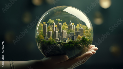 Close-up of hands holding a glass sphere with a city, earth inside.