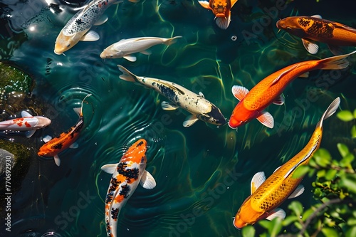 Colorful koi fish swimming in a serene pond.  © Tachfine Art
