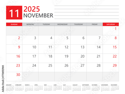 November 2025 year, Calendar planner 2025 and Set of 12 Months,  week start on Sunday. Desk calendar 2025 design, simple and clean design, Wall calendar, Corporate design planner template vector