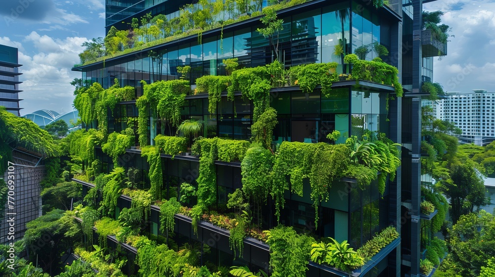 An eco-conscious office building, integrating green spaces to minimize carbon dioxide levels and promote a sustainable working environment