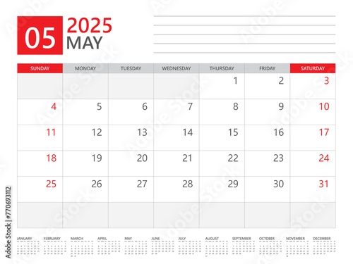 May 2025 year, Calendar planner 2025 and Set of 12 Months,  week start on Sunday. Desk calendar 2025 design, simple and clean design, Wall calendar, Corporate design planner template vector