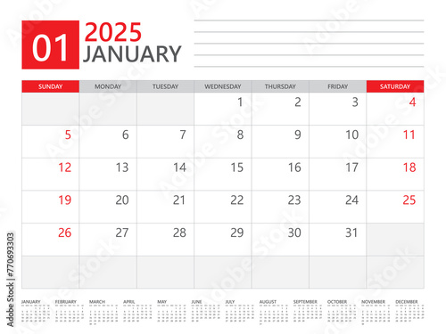 January 2025 year, Calendar planner 2025 and Set of 12 Months,  week start on Sunday. Desk calendar 2025 design, simple and clean design, Wall calendar, Corporate design planner template vector