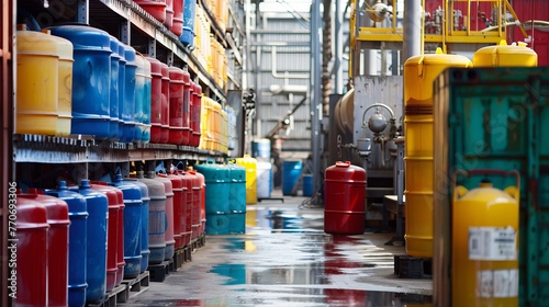 An industrial safety inspection of chemical storage areas, focusing on hazardous material management
