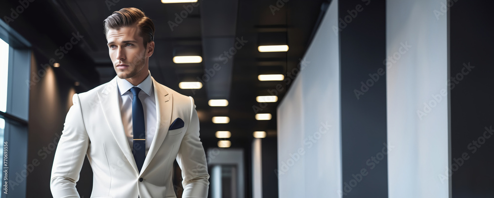 Confident young Caucasian businessman in a stylish white suit walking in a modern office corridor, ideal for corporate and fashion themes