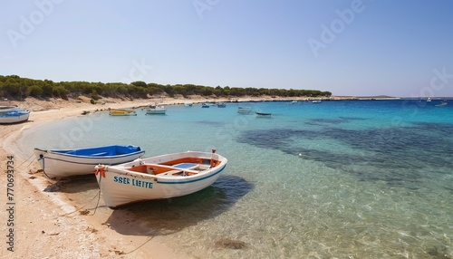 Boats moored on the coast of Ses Illetes beach in Formentera, Balearic Islands in Spain photo
