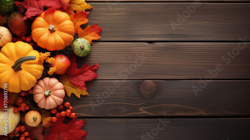 Pumpkins and autumn leaves close up and copy space on a rustic wooden background. View from above