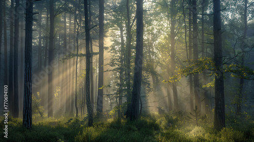 The serene beauty of a misty forest at dawn with rays of sunlight piercing through the trees.