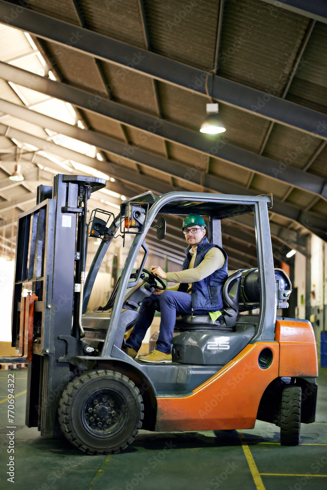 Man, forklift and driving in warehouse for site inspection, management and supply chain industry. Male employee, hardhat and operating machinery for factory check up, freight export and services.