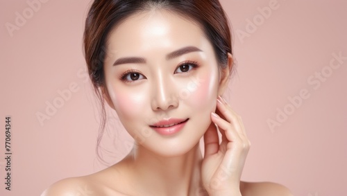 Beautiful women taking care of her skin   with copy space on clean solid pastel background  cosmetics advertisement concept