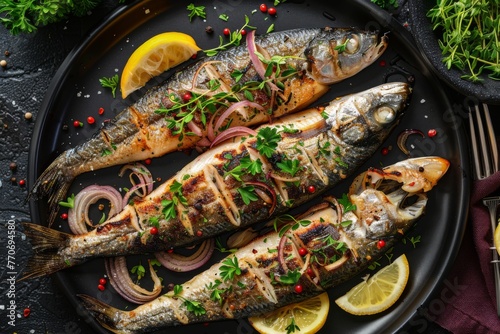 Top view of delicious grilled sardines with lemon and herbs on a dark plate