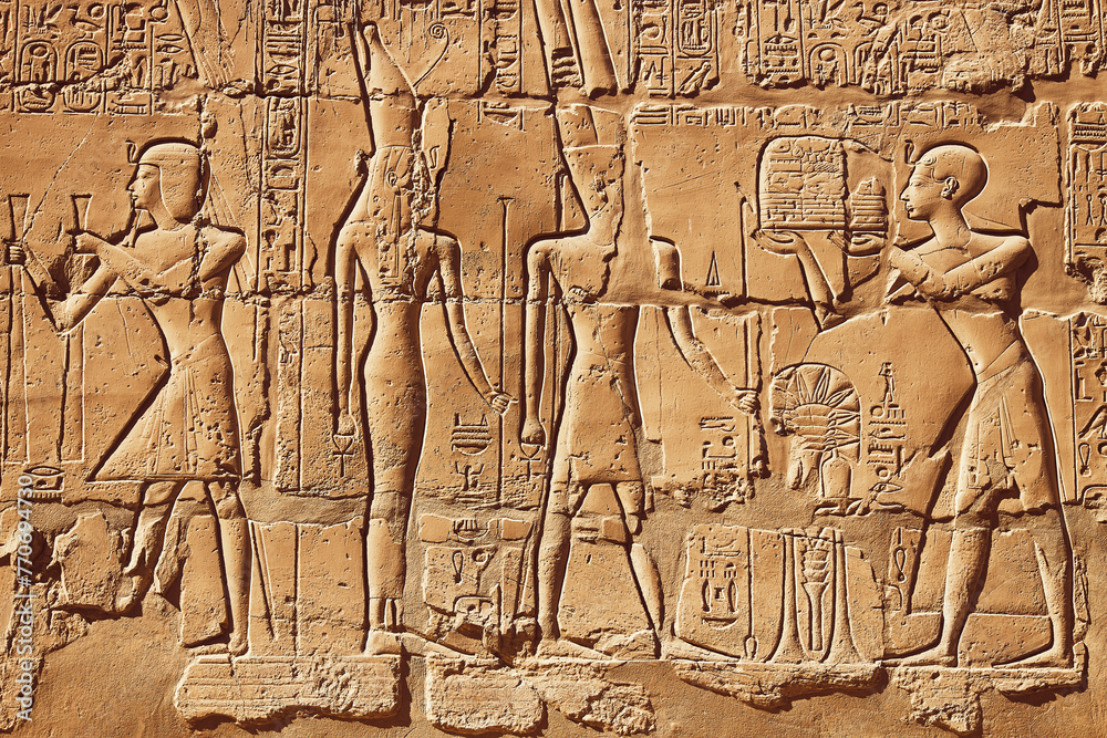 Egyptian ancient hieroglyphs. Reliefs of Egyptian gods and pharaoh. Popular Egyptian landmarks. Ancient Egypt
