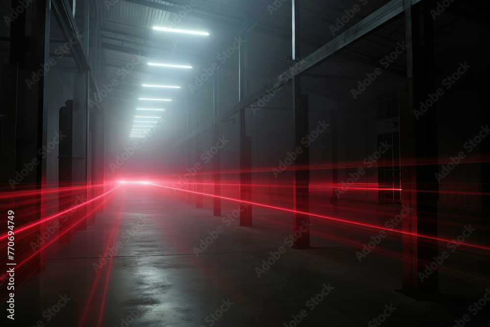Factory space. Empty warehouse interior in low light. Futuristic security system scanning warehouse space. Red laser light. Traces of moving lights in dark. Emergency status