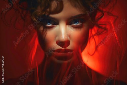 Portrait of attractive and seductive woman in red light. Headshot of young woman looking at camera. Mood portrait of girl. Dramatic female photo