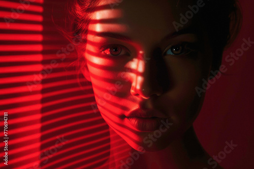 Portrait of attractive woman in red light. Headshot of young woman looking at camera. Mood portrait of girl. Dramatic female photo