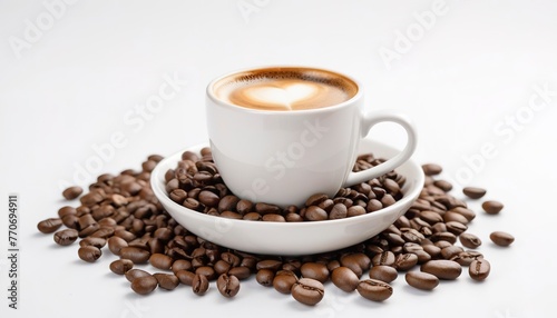 Coffee cup with roasted coffee beans on white background