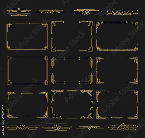 Set of Art deco black calligraphy page dividers. Patterns, ornaments in art deco style. 1920s vintage gold dividers, retro header graphic elements, flourishes vignettes decoration for design. Vector.
