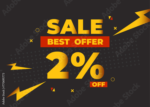 2% off sale best offer. Sale banner with two percent of discount, coupon or voucher vector illustration. Yellow and red template for campaign or promotion.