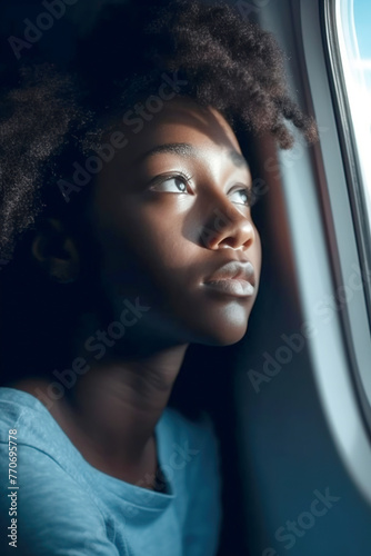 Girl looking out the airplane window