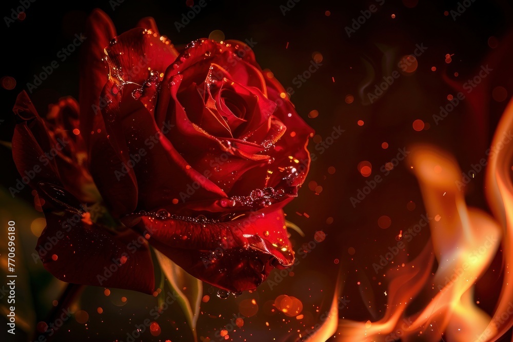 Red rose flower on fire dark background