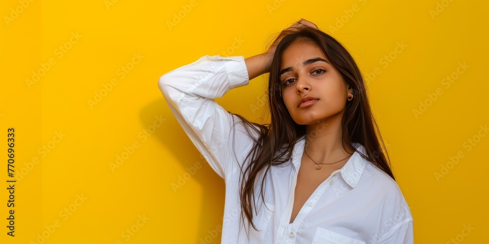Simple Sophistication: Indian Woman Model in Casual Attire on Seamless Background generative ai Simple Sophistication: Indian Woman Model in Casual Attire on Seamless Background generative ai