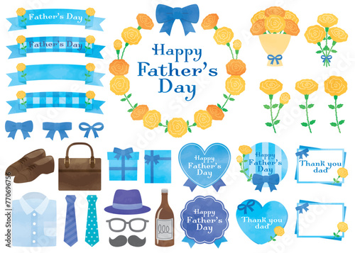 母の日のカーネーションとリボンの水彩風イラスト素材セット	