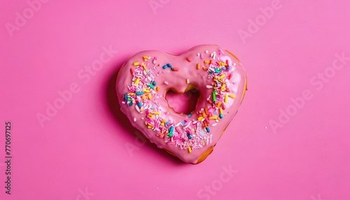 Heart shaped pink donuts with topping on colorful background