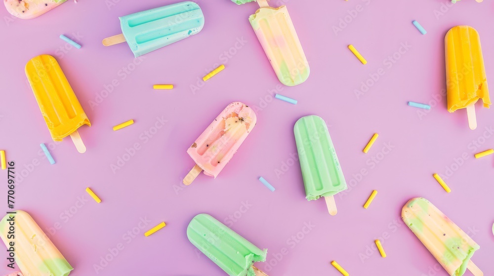 An overhead shot of assorted fruit ice pops in soft tones of yellow, pink, green, blue, and purple, suggesting a cool treat on a hot day for a lifestyle blog. An overhead shot of assorted fruit ice pops in soft tones of yellow, pink, green, blue, and purple, suggesting a cool treat on a hot day for a lifestyle blog.
