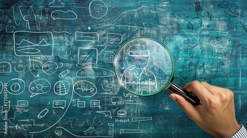Hand-drawn focus on customer icon under magnifying glass, strategy concept, clear doodle, light contrast photo